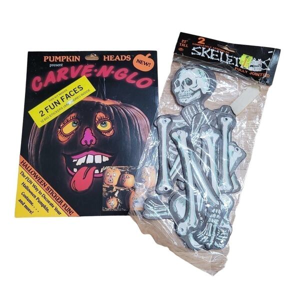 Vintage 80s Halloween Bundle Arkin 22-inch JOINTED SKELETONS Carve N Glo - Picture 1 of 11